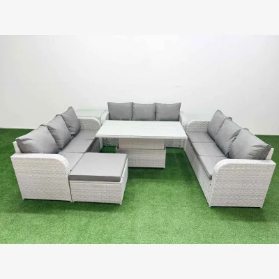 The Range Fimous 10-Seater PE Rattan Garden Sofa Set with Adjustable Lifting Table, Light Grey - Light grey PE rattan with dark grey fabric