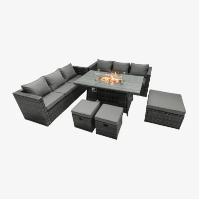 The Range Fimous 9-Seater Rattan Garden Firepit Dining and Lounge Set with Footstools - Dark grey mixed rattan with dark grey fabric