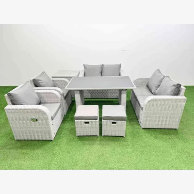 The Range Fimous 8-piece PE rattan outdoor sofa set with recliners and glass table - Light Grey