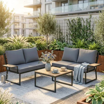 The Range Outsunny 4 Seater Metal Garden Furniture Sofa Set, Nesting Tables, Teak - Teak