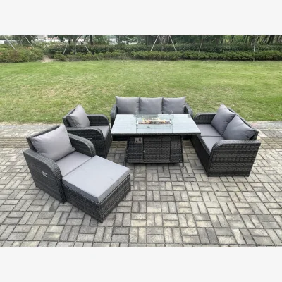 The Range Fimous PE Wicker Outdoor Rattan Sofa Set with Propane Fire Pit Table and Big Footstool - Dark Grey