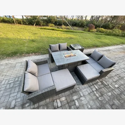 The Range Fimous High Back Rattan Garden Sofa Set with Gas Firepit Dining Table - Dark Grey Mixed. - Dark grey mixed rattan with dark grey fabric