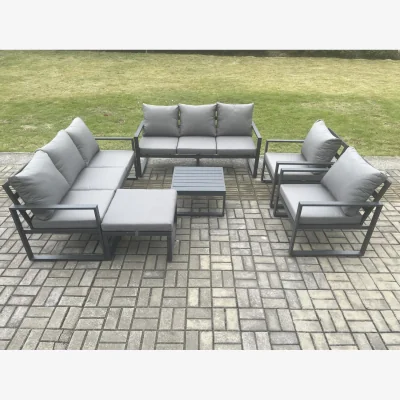The Range Fimous Aluminium Patio Garden Sofa Set with Square Coffee Table and Footstool Dark Grey - Dark grey powder coated with dark grey fabric