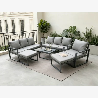 The Range Aluminium Lounge Sofa Set Garden Furniture Sets Square Coffee Table Chair 2 Stools - Dark grey