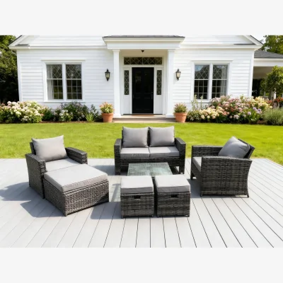 The Range 7 Seater High Back Rattan Sofa Set Garden Furniture Outdoor 3 Stools - Dark Grey Mixed