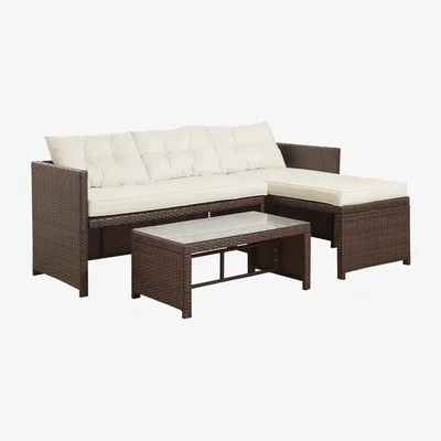 The Range 3 Piece Wicker Table and Sofa Patio Set with Cushions - White