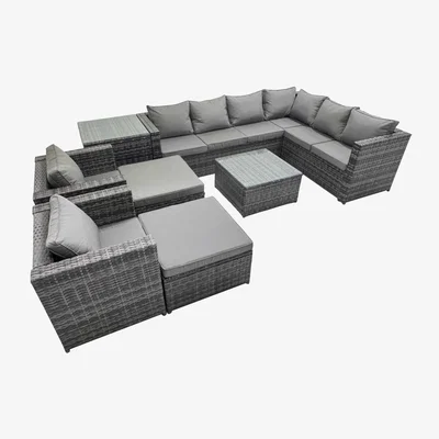 The Range Fimous 10-Seater Dark Grey PE Rattan L-Shaped Garden Sofa Set with Coffee Table and 2 Stools. - Dark Grey