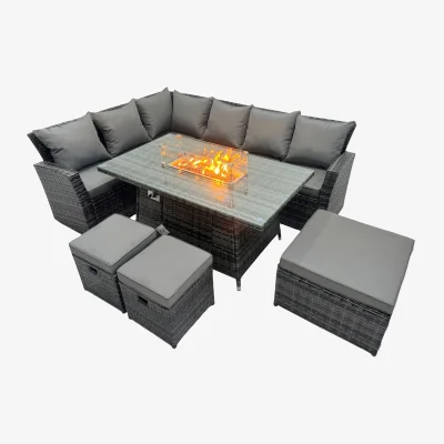 The Range Fimous 9-Seater Rattan Gas Fire Pit Corner Sofa Set - Dark Grey Mixed