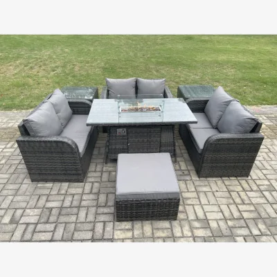 The Range Fimous 7-Piece PE Rattan Outdoor Sofa Set with Gas Fire Pit Table, Dark Grey Mixed - Dark Grey