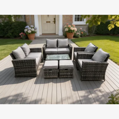 The Range 8 Seater High Back Rattan Sofa Set Coffee Table Garden Furniture - Dark Grey Mixed