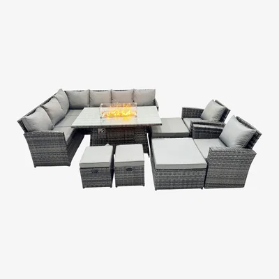The Range Fimous 12-Seat Poly Rattan Outdoor Corner Sofa Set with Fire Pit Table Dark Grey - Dark grey mixed rattan with dark grey fabric