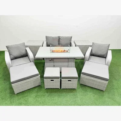 The Range Fimous PE Rattan 8-Seater Outdoor Sofa Set with Gas Firepit Table, Light Grey. - Light grey rattan with dark grey fabric