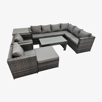 The Range Fimous Outdoor 9-Seat Dark Grey Rattan Corner Sofa Set with Tempered Glass Table. - Dark Grey Mixed