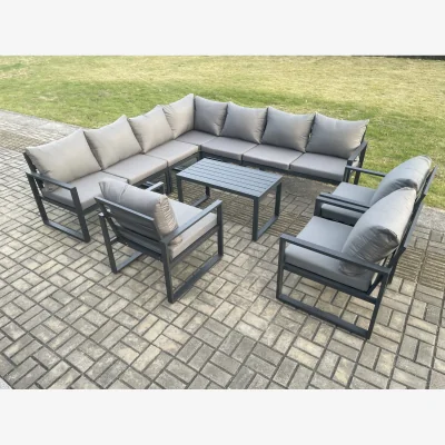 The Range Fimous Aluminium Patio Garden Lounge Corner Sofa Set with Oblong Coffee Table, 10-Seater, Dark Grey - Dark Grey