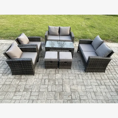 The Range Fimous 8-Seater Dark Grey High Back Rattan Outdoor Sofa Set with Coffee Table and Footstools - Dark grey mixed rattan with dark grey fabric