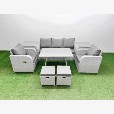 The Range Fimous 7-Seat Reclining PE Rattan Garden Sofa Set with Dining Table and Side Tables Light Grey - Light grey rattan + dark grey fabric