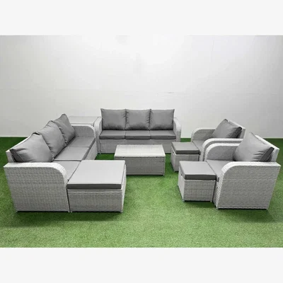 The Range Fimous PE Rattan High-Back Outdoor Sofa Set with Reclining Chairs, Tempered Glass Table and Stools. - Light grey PE rattan with dark grey fabric