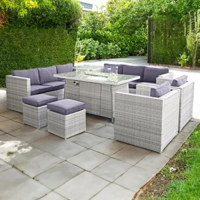 The Range Oseasons Malta Rattan 10 Seat Firepit U-Shape Sofa Set in Sandy White with Sunset Grey Cushions - Sandy White
