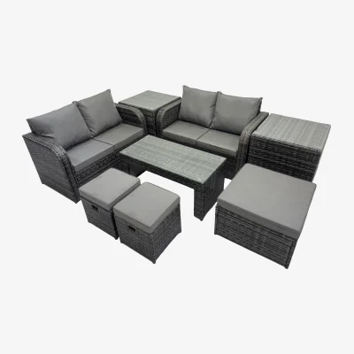 The Range Fimous 7-Seat Rattan Outdoor Sofa Set with Coffee Table and Side Tables, Dark Grey Mixed. - Dark Grey Mixed