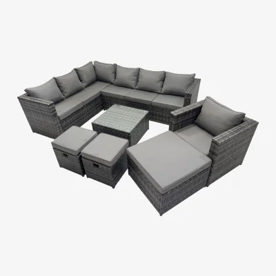 The Range Fimous Deluxe PE Rattan Garden Corner Sofa Set with Tempered Glass Coffee Table, Dark Grey Mixed. - Dark Grey Mixed
