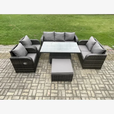 The Range Fimous Rattan Outdoor Garden Sofa Set with Rising Table and Reclining Chairs - Dark Grey - Dark Grey