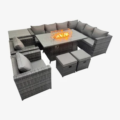 The Range Fimous Garden Rattan 10-Seater Outdoor Corner Sofa Set with Gas Firepit Table Dark Grey - Dark Grey