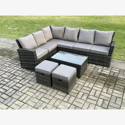 The Range Fimous 8 Seater Outdoor PE Rattan Corner Sofa Set with Rectangular Coffee Table and 2 Footstools. - Dark grey mixed rattan with dark grey fabric