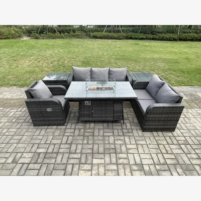 The Range Fimous 6-Piece Rattan Gas Fire Pit Patio Sofa Set - Dark Grey