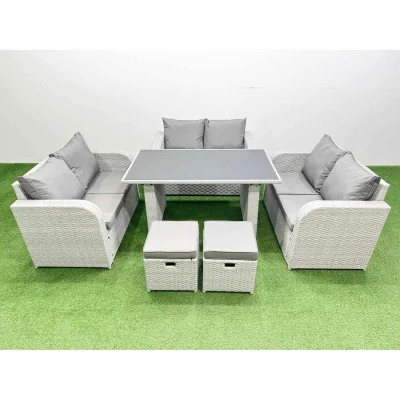 The Range Fimous 8-Seater Outdoor Rattan Sofa Set with 140 x 80 cm Black Glass Table and Stools Light Grey - Light Grey