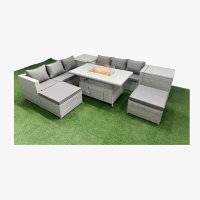 The Range Fimous 8-Seater PE Rattan Outdoor Sofa Set with Firepit Table Light Grey - Light Grey