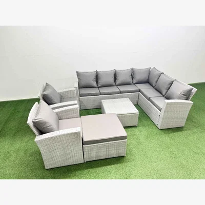 The Range Fimous 9-Seater Rattan Outdoor Sofa Set with 2 Chairs & Glass Table Light Grey - Light Grey Mixed rattan with dark grey fabric