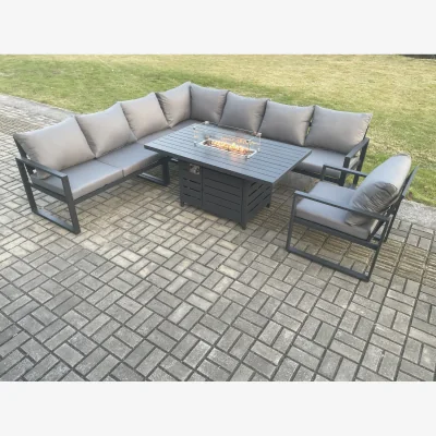 The Range Fimous Aluminium 7-Piece Garden Corner Sofa Set with Cushions and Gas Fire Pit. - Dark Grey