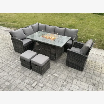The Range Fimous 9-Seater Rattan Garden Corner Sofa Set with Gas Fire Pit Table, Dark Grey Mixed. - Dark Grey Mixed