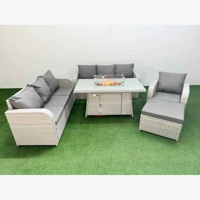 The Range Fimous 8 Seater Poly Rattan Outdoor Sofa Set with Firepit Dining Table Light Grey - Light Grey