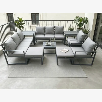 The Range Aluminium Patio Garden Furniture Lounge Sofa Set Square Coffee Table 2 Chairs 2 Side Tables 2 Stool - Dark grey