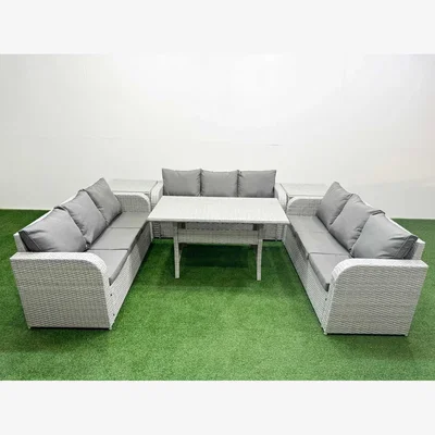 The Range Fimous PE Rattan 9-Seater Outdoor Lounge Sofa Set with Dining Table Light Grey - Light grey PE rattan with dark grey fabric