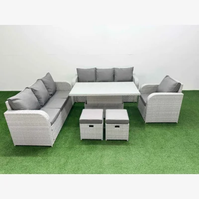 The Range Fimous 9-Seater Poly Rattan Outdoor Sofa Set with Recliners & Lift Table - Light Grey Mixed