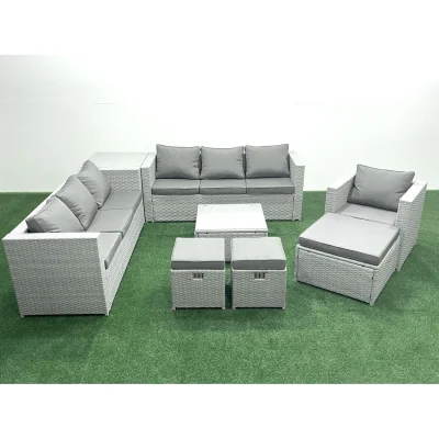 The Range Fimous Wicker PE Rattan Garden Sofa Set with Armchair, Coffee Table and Footstools - Light Grey Mixed