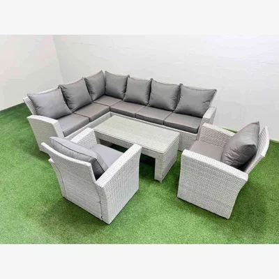 The Range Fimous 8-Seater Rattan Garden Corner Sofa Set Light Grey Mixed - Light Grey Mixed rattan with dark grey fabric