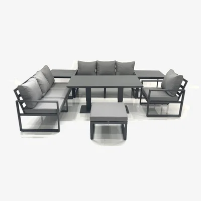 The Range Fimous 8-Seat Aluminium Outdoor Rattan Lounge Set with Adjustable Dining Table, Dark Grey. - Dark Grey