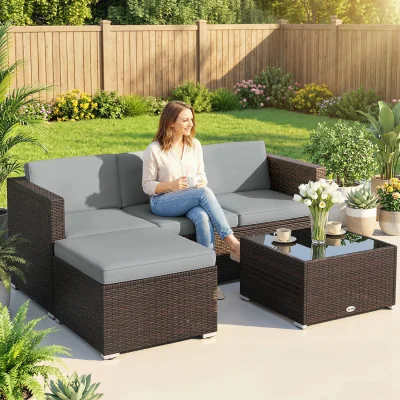 The Range Outsunny Wicker Garden Furniture Set with Cushions Corner Sofa Set - Brown