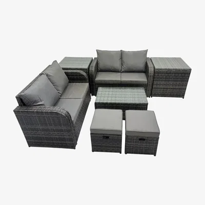 The Range Fimous 6-Seater Garden Rattan Sofa Set with Coffee Table and Stools Dark Grey - Dark Grey