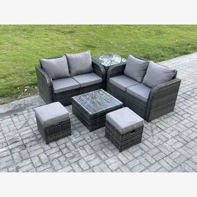 The Range Fimous Rattan Sofa Set Outdoor Garden Furniture with Square Coffee Table, Loveseat and 2 Footstools. - Dark Grey Mixed