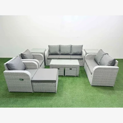 The Range Fimous PE Rattan Garden Sofa Set with Adjustable Recliners and Glass Coffee Table Light Grey - Light Grey