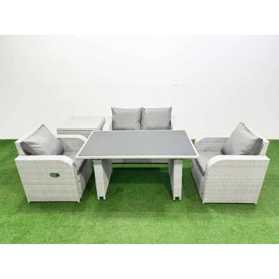 The Range Fimous Outdoor PE Rattan 4-Seater Dining & Reclining Sofa Set with Tempered Glass Table - Light grey rattan + dark grey fabric