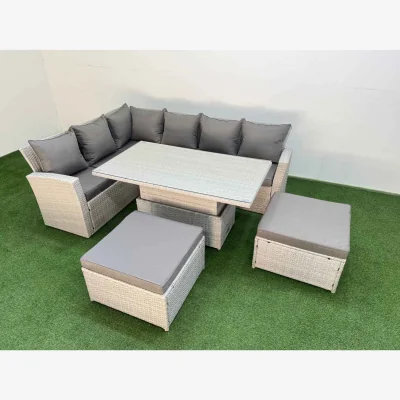 The Range Fimous 8-seat rattan outdoor corner sofa set with adjustable lift table, Grey - Light Grey