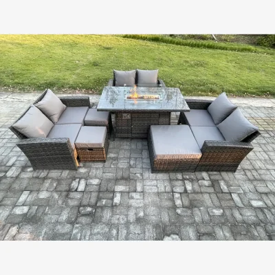 The Range Fimous Rattan Garden Sofa Set with Gas Fire Pit Dining Table, Dark Grey - Dark grey mixed rattan with dark grey fabric