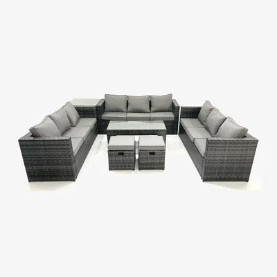 The Range Fimous Outdoor 11-Seater PE Rattan Sofa Set with Tempered Glass Coffee Table and Cushions. - Dark Grey Mixed