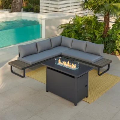 The Range Roman Aluminium L-Shape Garden Sofa Set with Optional Fire Pit Table - Grey / Sofa, Coffee Table, Fire Pit Table