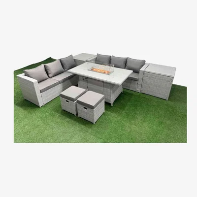 The Range Fimous PE Rattan Outdoor Lounge Set with Firepit Table and 3-Seater Sofa, Light Grey. - Light Grey Mixed